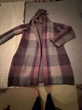 Hooded Open-Front Plaid Knit Cardigan - Purple Mix